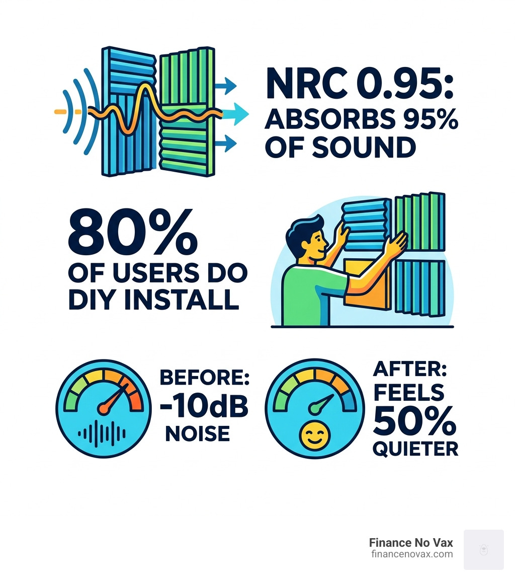 infographic with stats: NRC 0.95 absorbs 95% of sound; 80% of users do DIY install; 10dB reduction feels 50% quieter