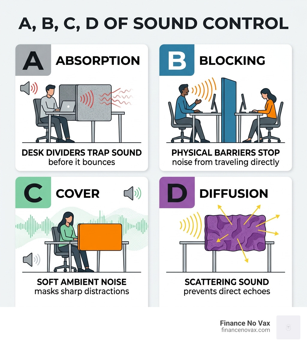 A, B, C, D of sound control: Absorption, Blocking, Cover, Diffusion explained as a four-step infographic - sound absorbing