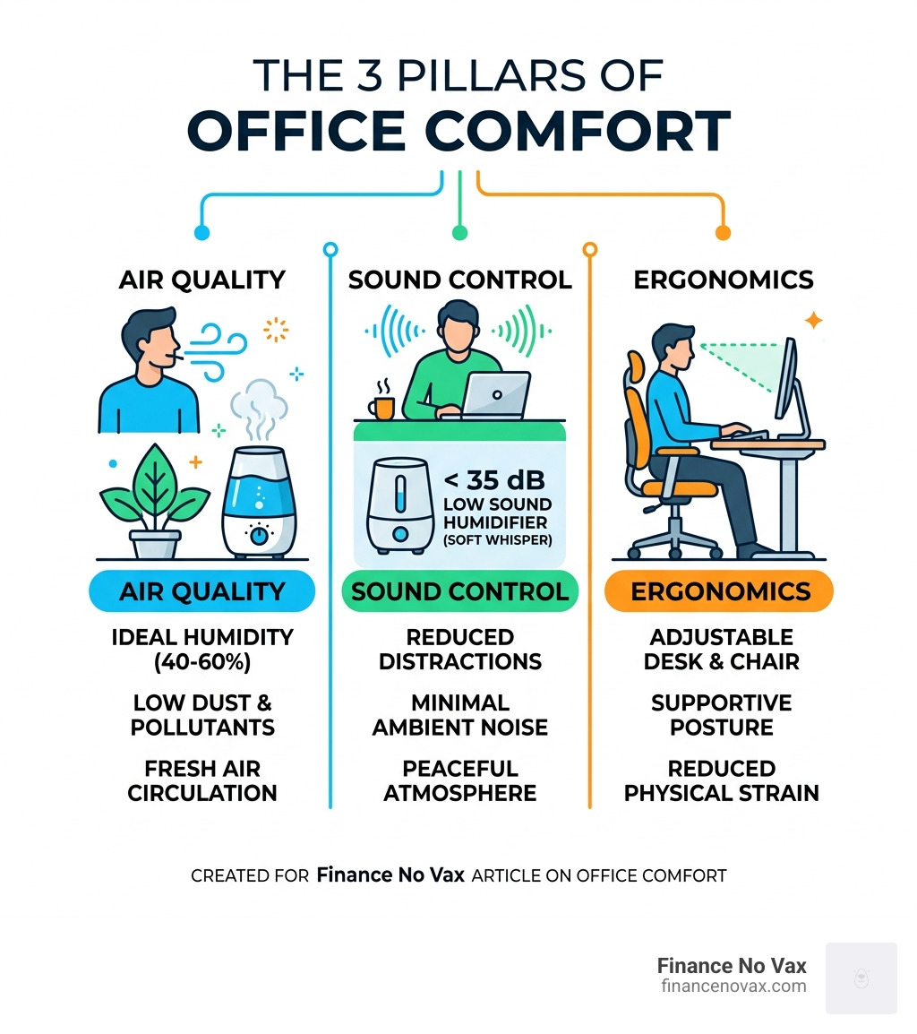 Graphic showing the 3 pillars of office comfort: Air Quality, Sound Control, and Ergonomics - low sound office humidifier