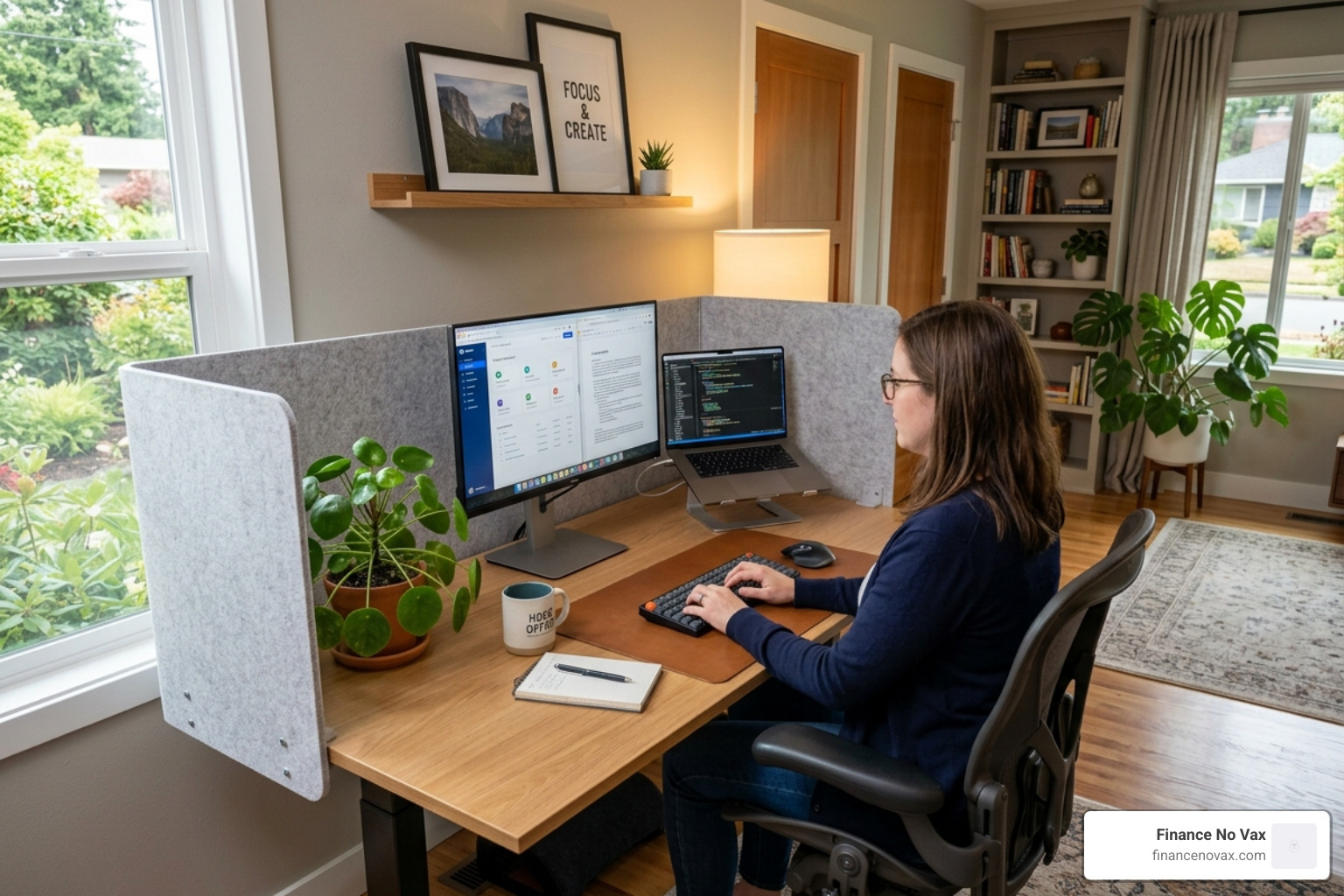 Home office setup with PET privacy panels providing a visual and acoustic shield - sound absorbing desk dividers