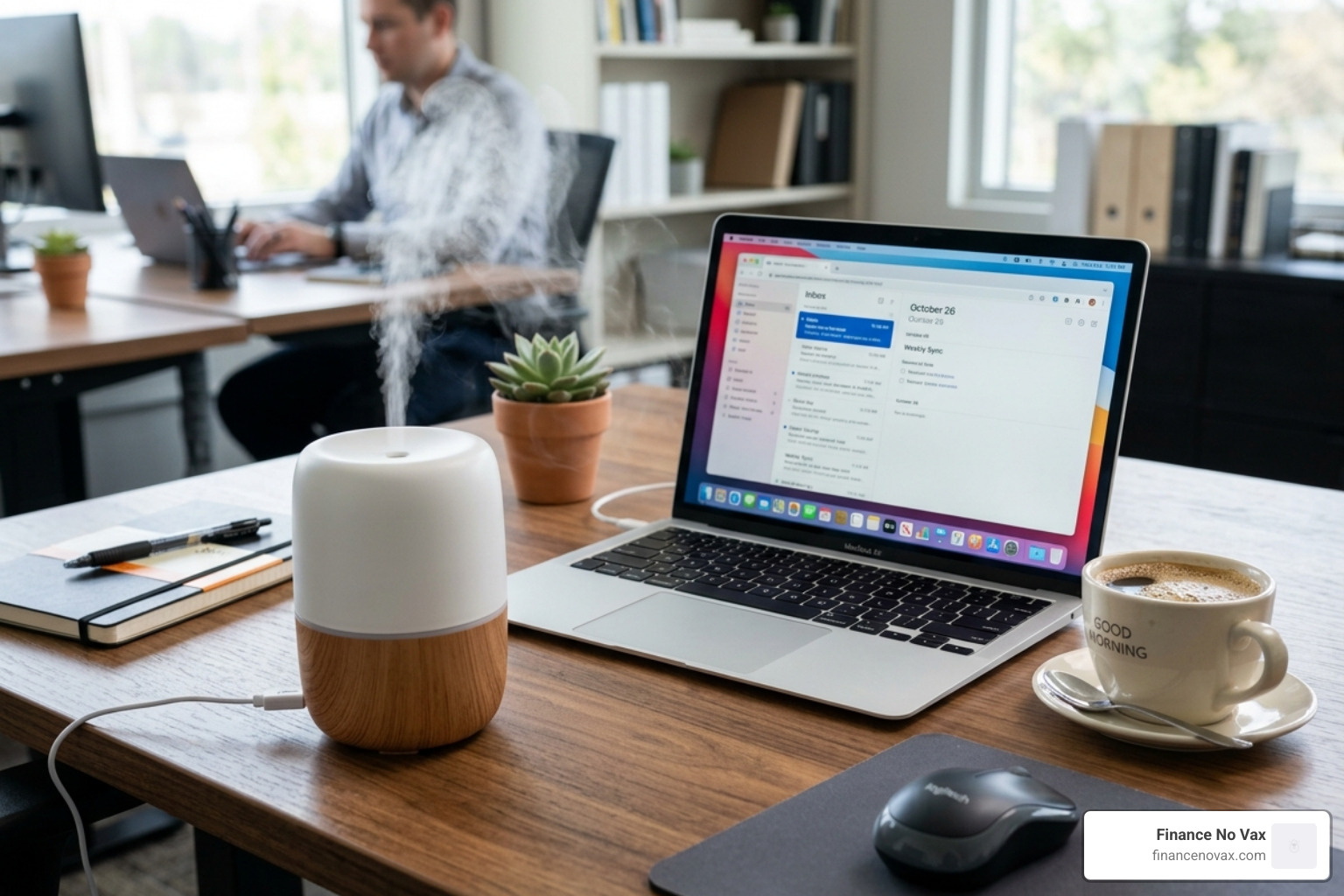 Compact desktop humidifier sitting next to a modern laptop and a cup of coffee - low sound office humidifier
