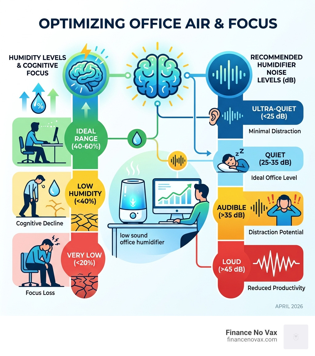 Infographic showing humidity levels vs cognitive focus and recommended dB ranges for office humidifiers - low sound office