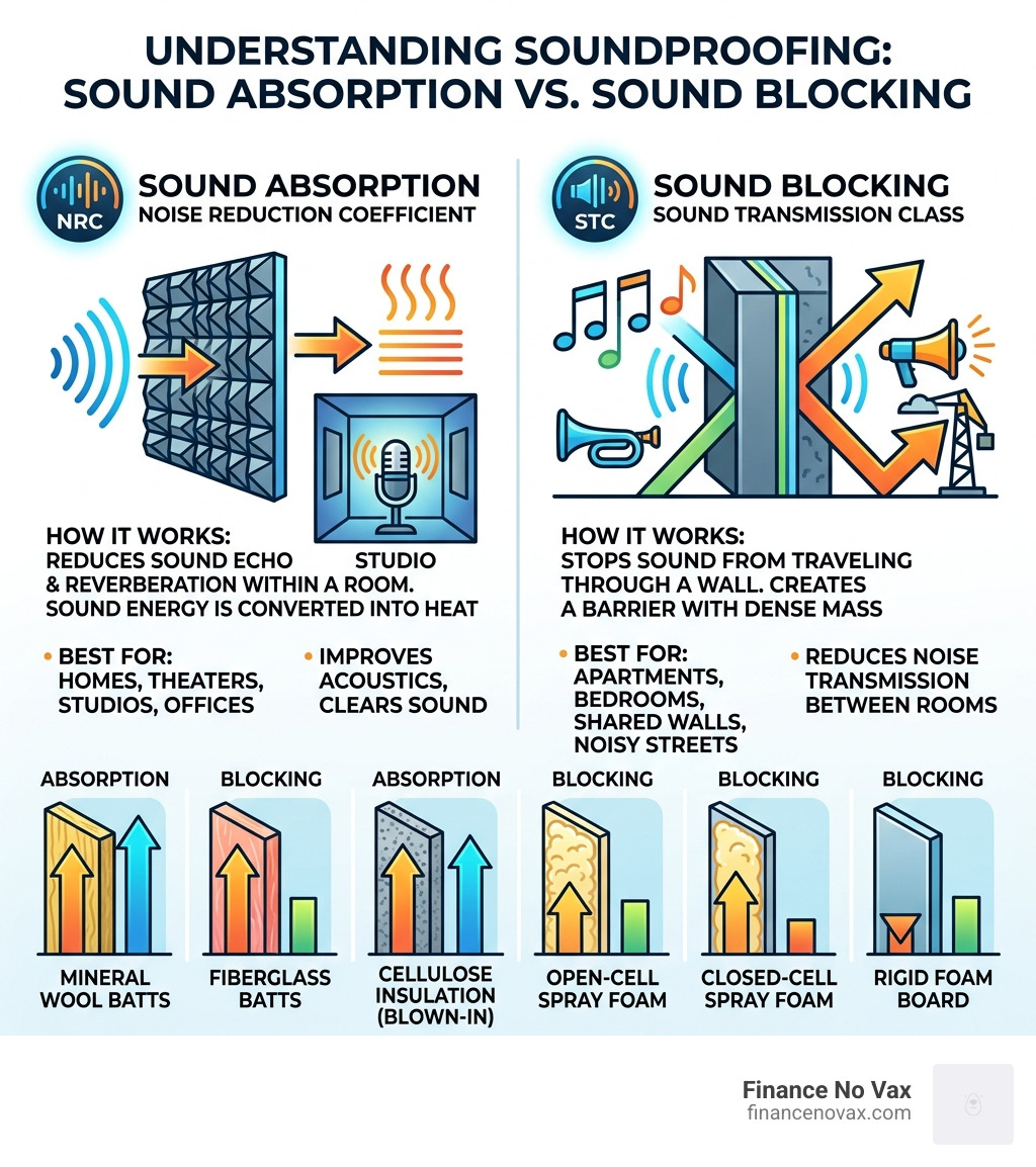Sound absorption vs sound blocking comparison infographic for wall insulation types - best insulation for walls for sound