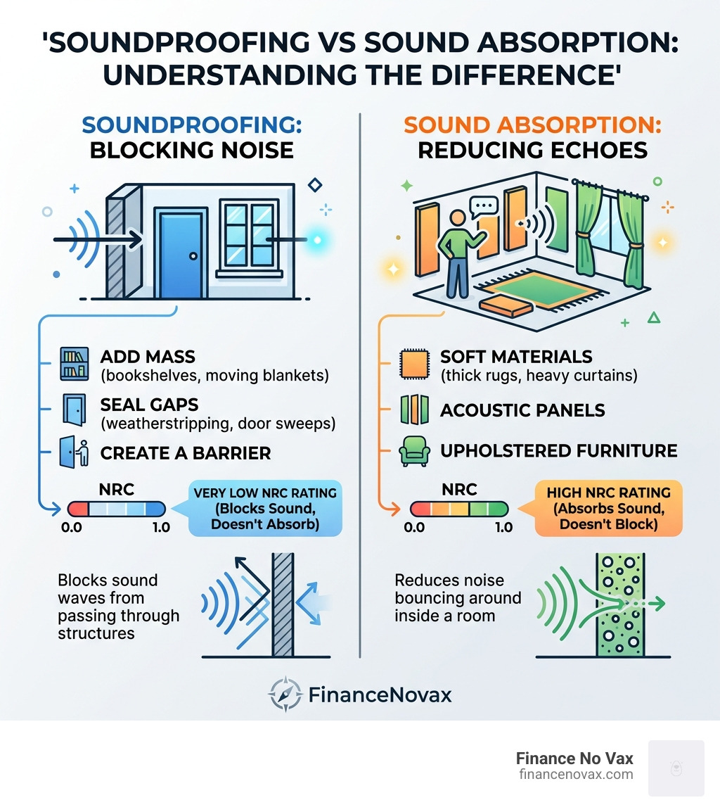 Infographic comparing soundproofing vs sound absorption methods and their NRC ratings - easy room soundproofing infographic 