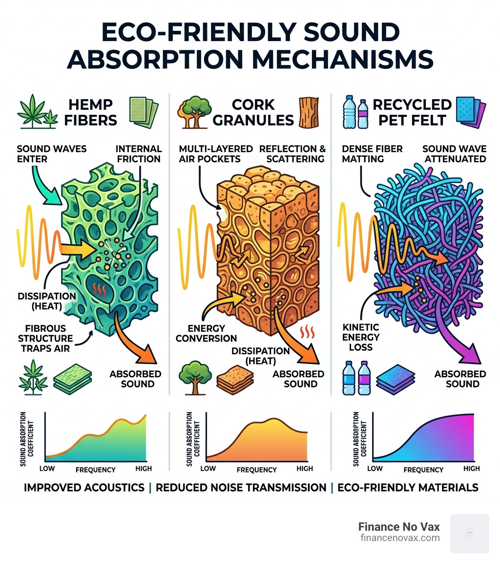 Infographic showing how natural materials like hemp, cork, and PET felt absorb sound waves - eco friendly soundproof walls