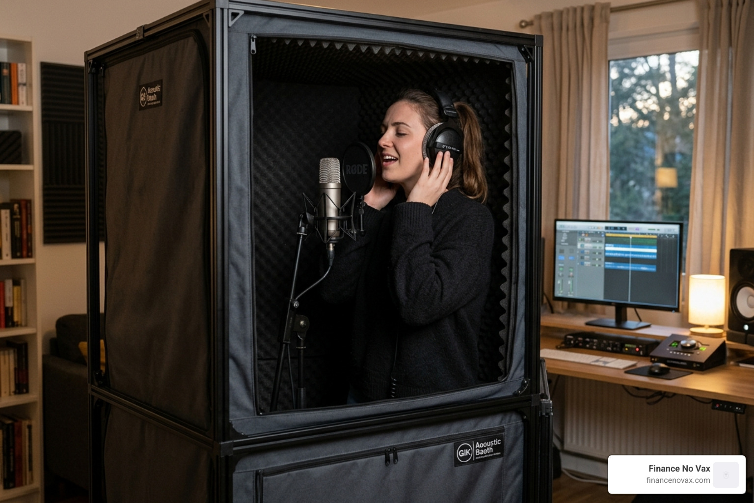 Collapsible vocal isolation booth in use - portable soundproofing kit room
