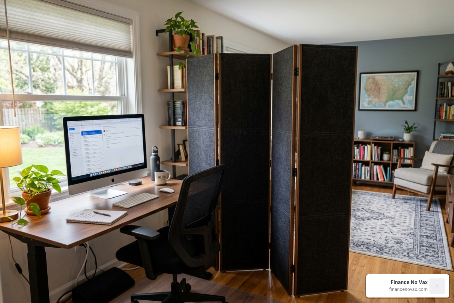 Foldable acoustic screen in a home office setup - portable soundproofing kit room