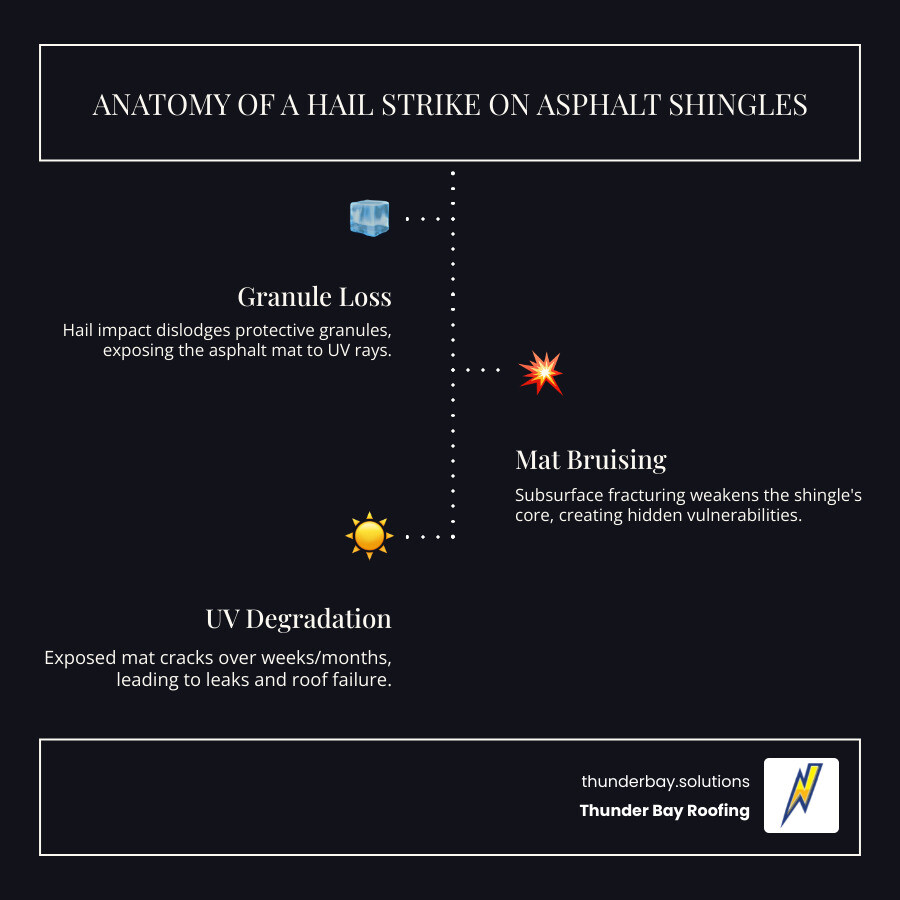 infographic showing anatomy of a hail strike on an asphalt shingle with granule loss, mat bruising, and UV exposure timeline infographic showing anatomy of a hail strike on an asphalt shingle with granule loss, mat bruising, and UV exposure timeline