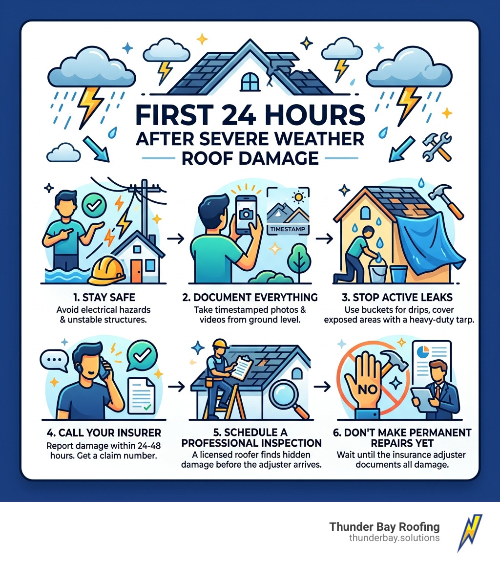 Steps to take in the first 24 hours after severe weather roof damage infographic - severe weather roof repair infographic Steps to take in the first 24 hours after severe weather roof damage infographic - severe weather roof repair infographic