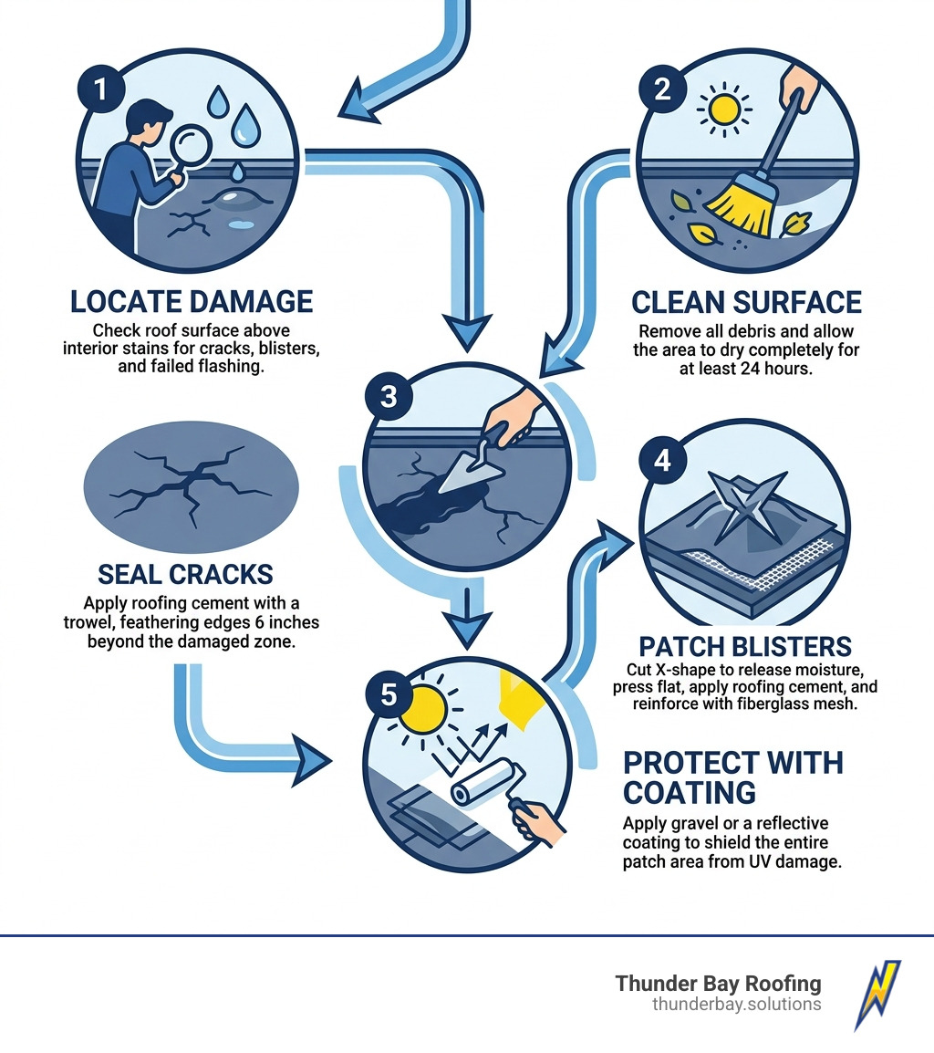 Infographic showing asphalt flat roof repair steps: locate damage, clean surface, seal cracks, patch blisters, protect with Infographic showing asphalt flat roof repair steps: locate damage, clean surface, seal cracks, patch blisters, protect with