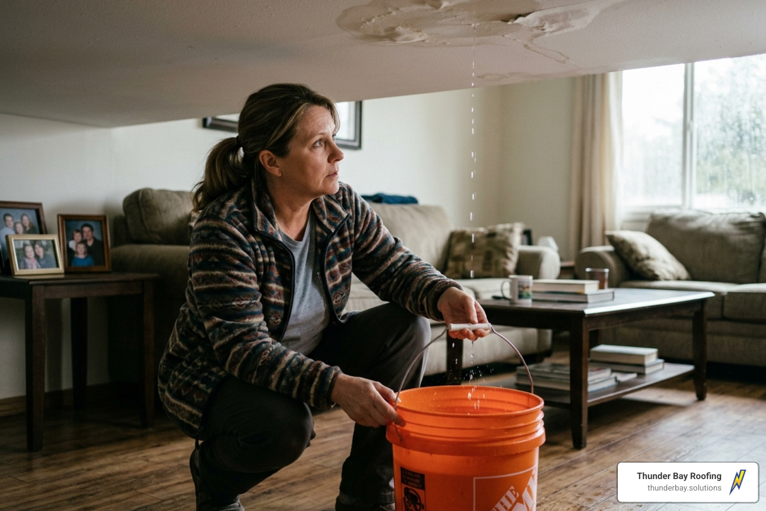 homeowner placing a bucket under a drip - water damaged roof repair homeowner placing a bucket under a drip - water damaged roof repair