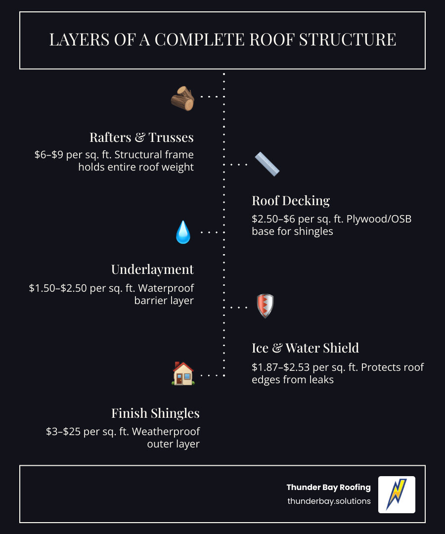 Infographic showing layers of a complete roof structure from rafters to shingles with cost ranges per component - cost to Infographic showing layers of a complete roof structure from rafters to shingles with cost ranges per component - cost to