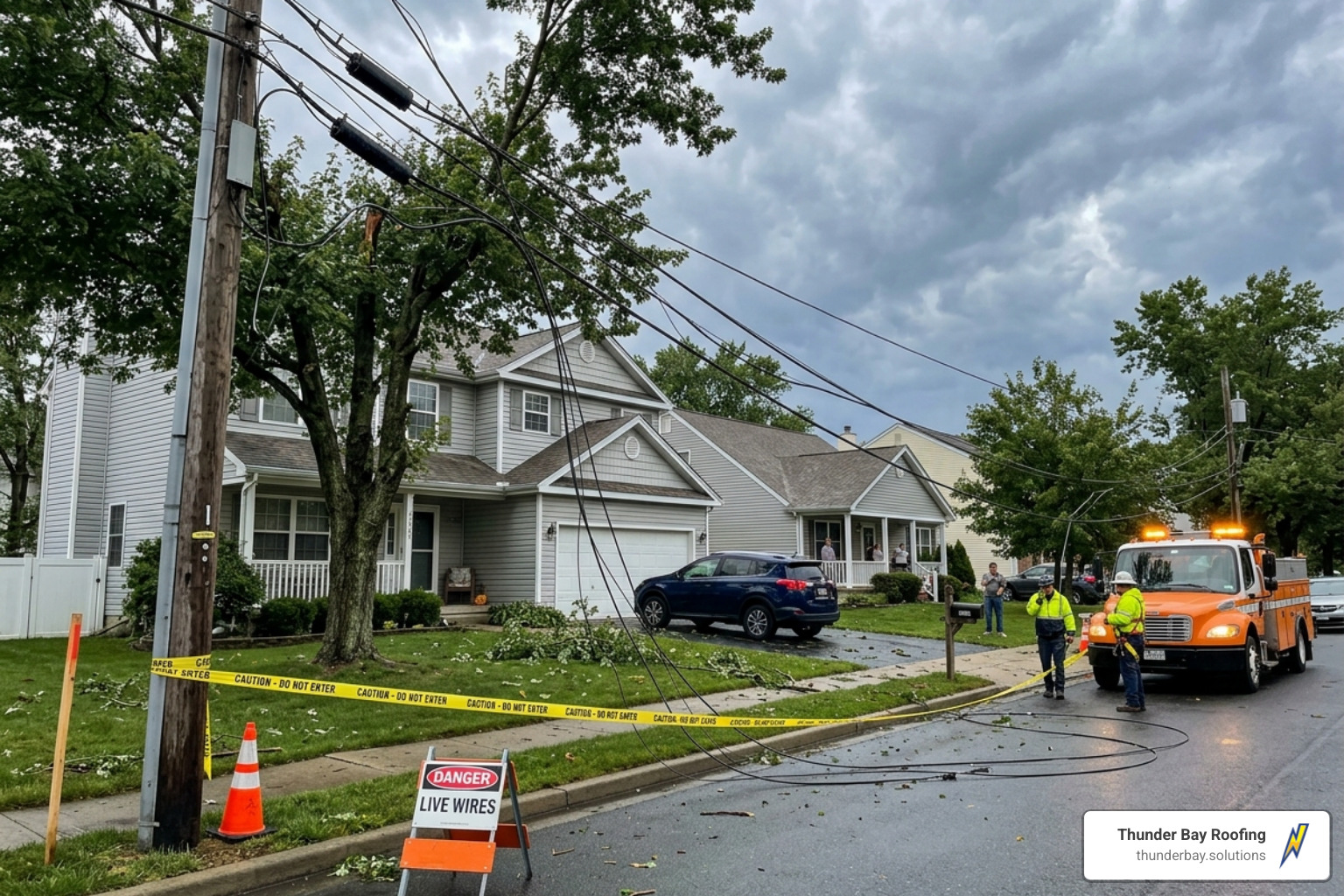 Downed power lines near a residential home posing a safety hazard - severe weather roof repair Downed power lines near a residential home posing a safety hazard - severe weather roof repair