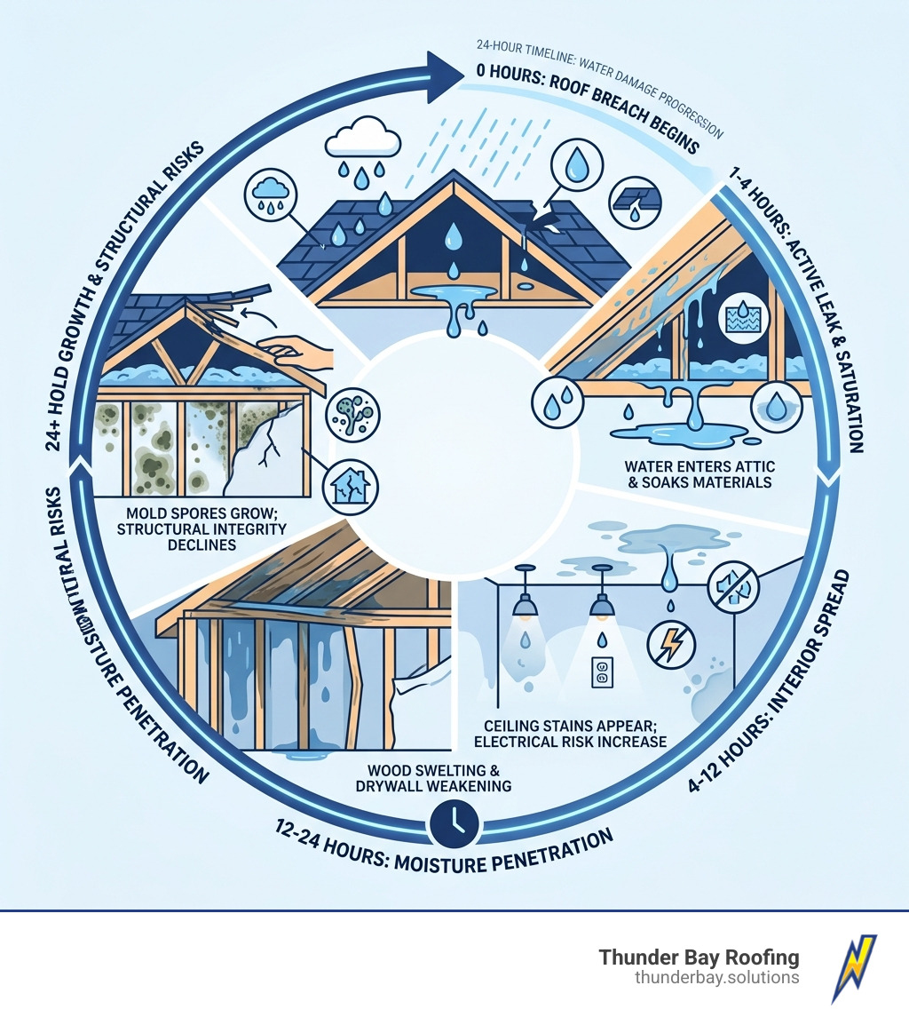 24-hour timeline of water damage progression from roof breach to mold growth and structural risk - water damaged roof repair 24-hour timeline of water damage progression from roof breach to mold growth and structural risk - water damaged roof repair