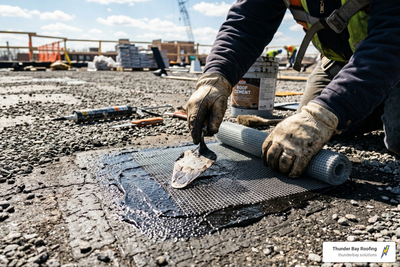Close-up of a technician applying the three-course repair method with mesh and cement - asphalt flat roof repair Close-up of a technician applying the three-course repair method with mesh and cement - asphalt flat roof repair