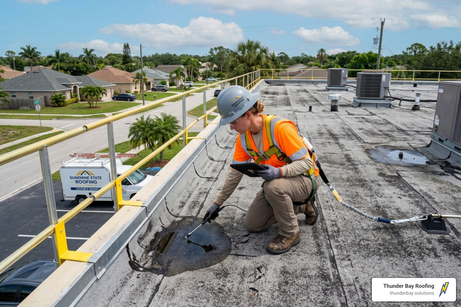 Technician inspecting a flat roof for safety hazards and damage - asphalt flat roof repair Technician inspecting a flat roof for safety hazards and damage - asphalt flat roof repair