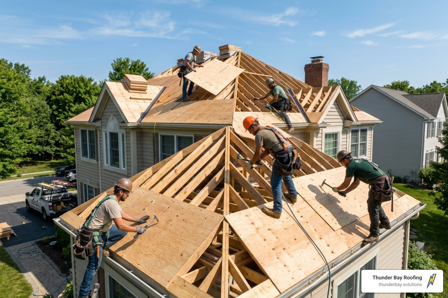 Professional roofing crew installing new plywood roof decking on a residential home - cost to replace entire roof structure Professional roofing crew installing new plywood roof decking on a residential home - cost to replace entire roof structure