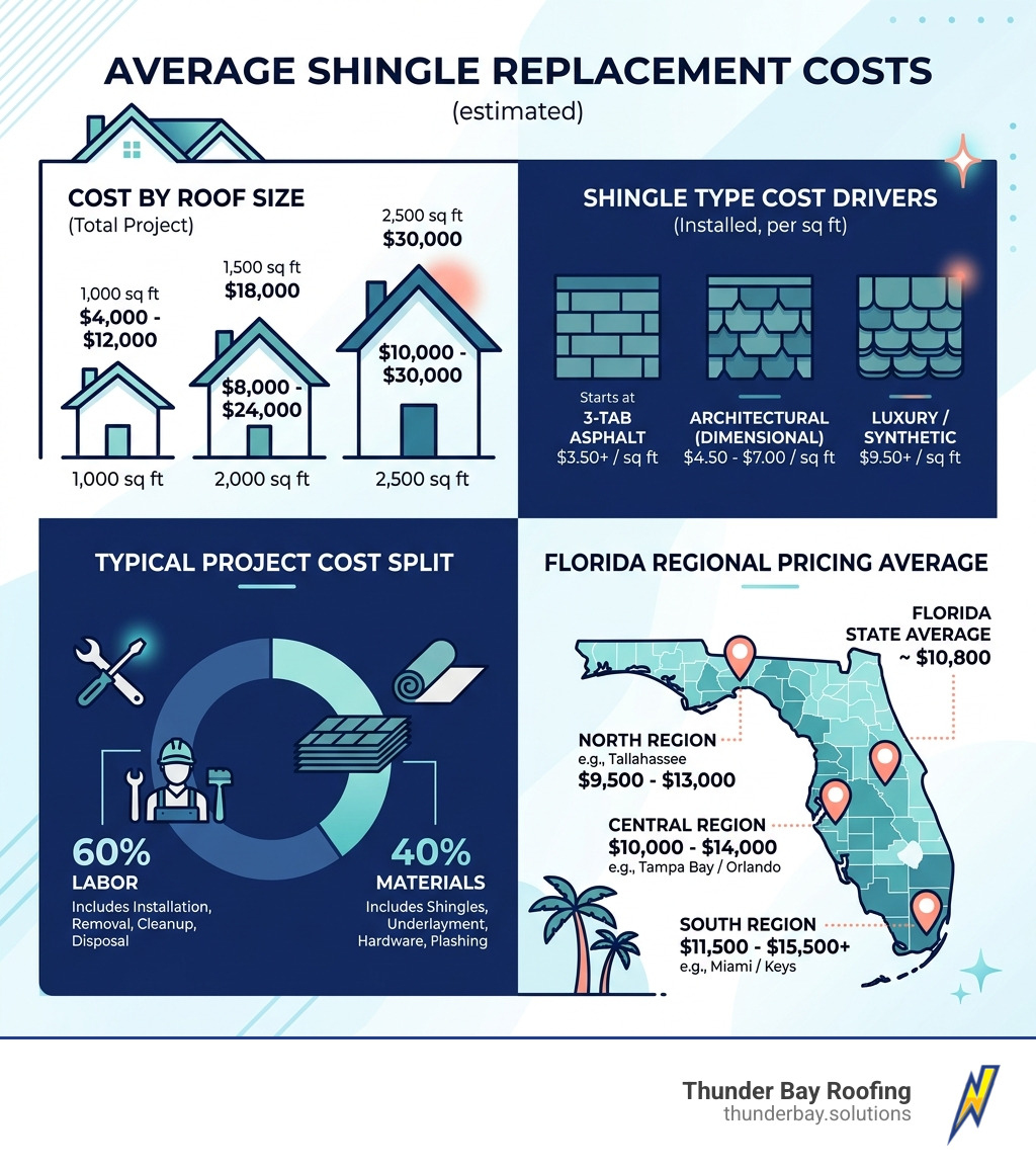 Infographic showing average shingle replacement costs by roof size, shingle type, labor split, and Florida regional pricing