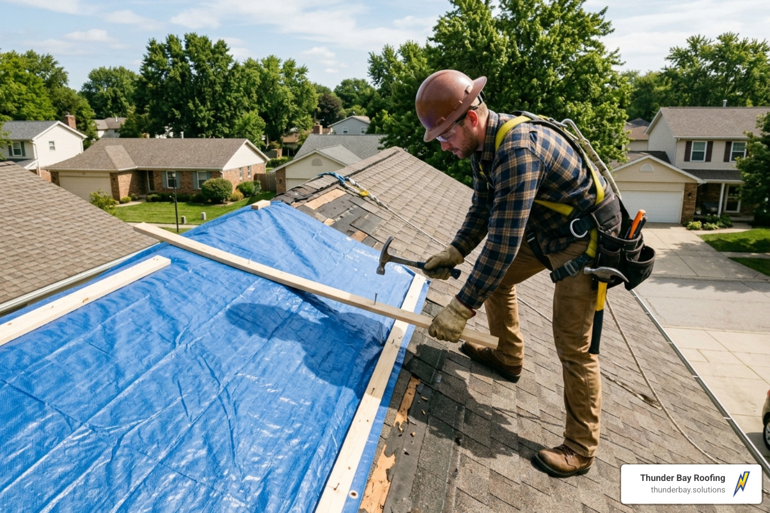 professional roofer securing a heavy-duty tarp with wooden strips - emergency roof repair professional roofer securing a heavy-duty tarp with wooden strips - emergency roof repair