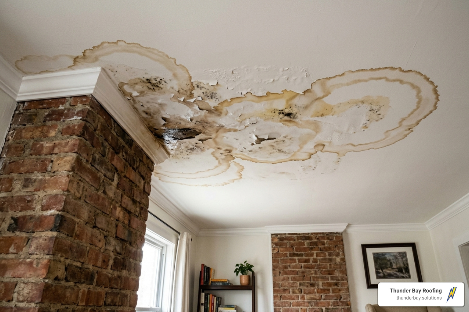 Water stains on a living room ceiling adjacent to a brick chimney - flashing repair around chimney
