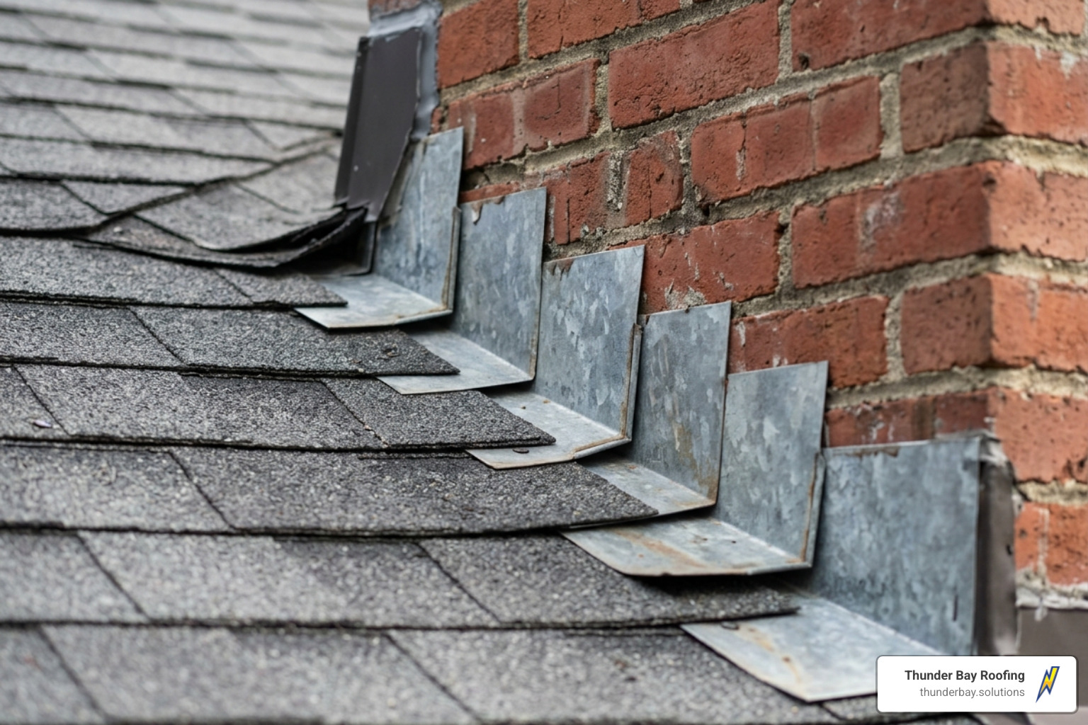 Detailed view of step flashing interwoven with asphalt shingles - flashing repair around chimney