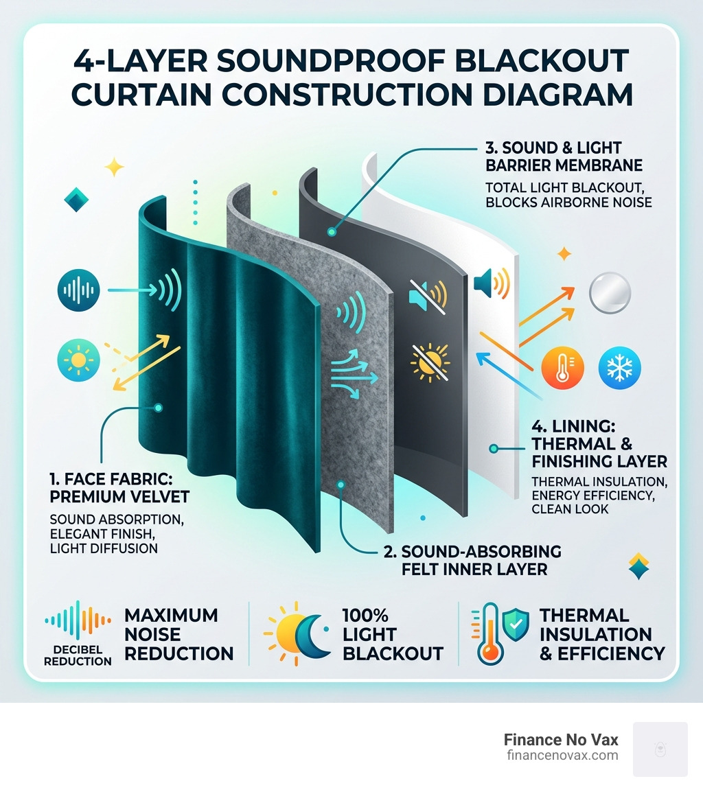 4-layer soundproof blackout curtain construction diagram showing velvet, felt, barrier, and lining layers - soundproof