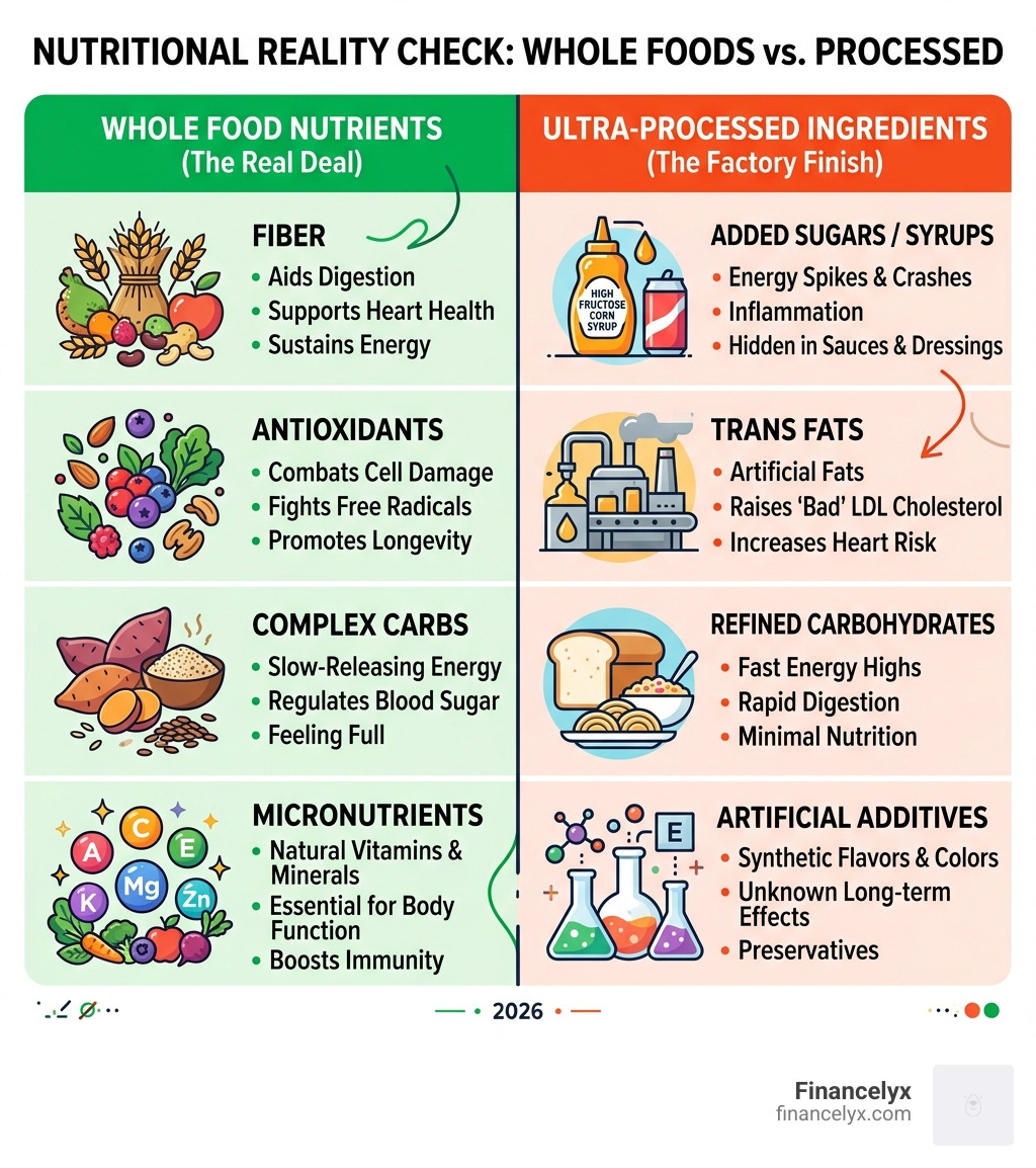 Table comparing whole food nutrients like fiber and antioxidants vs ultra-processed ingredients like high fructose corn