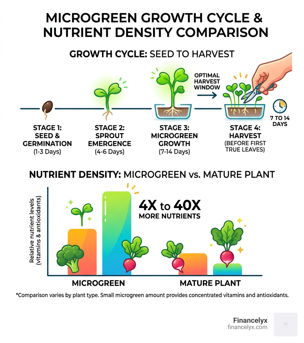 Microgreen growth cycle from seed to harvest with nutrient density comparison - healthy microgreen snack ideas infographic 