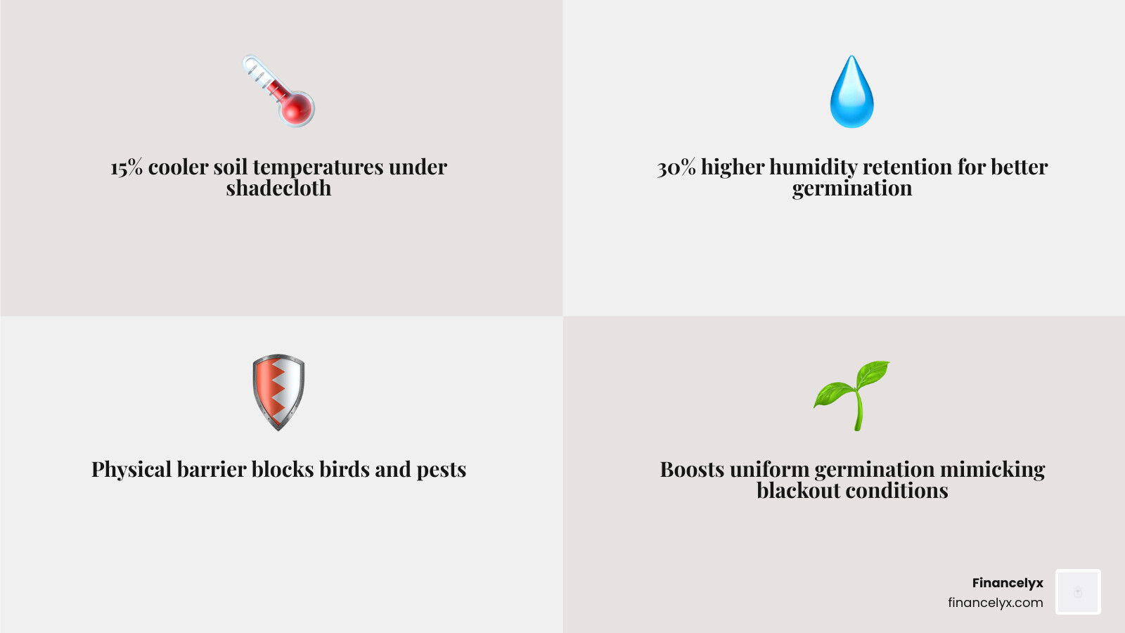 Infographic showing the benefits of shadecloth: 30% more humidity, 15% cooler soil, and pest protection - in garden