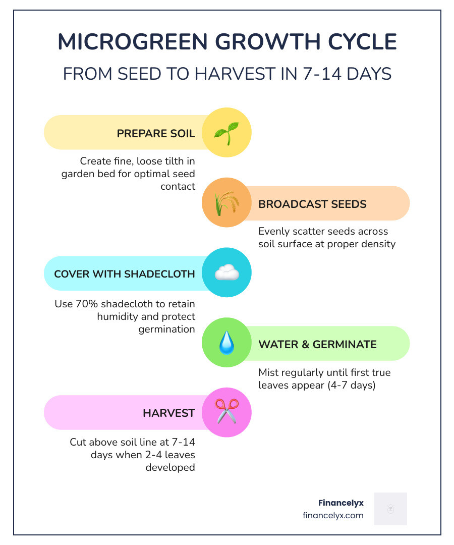 Microgreen growth cycle from seed to harvest in 7-14 days with key stages labeled - in garden microgreens infographic