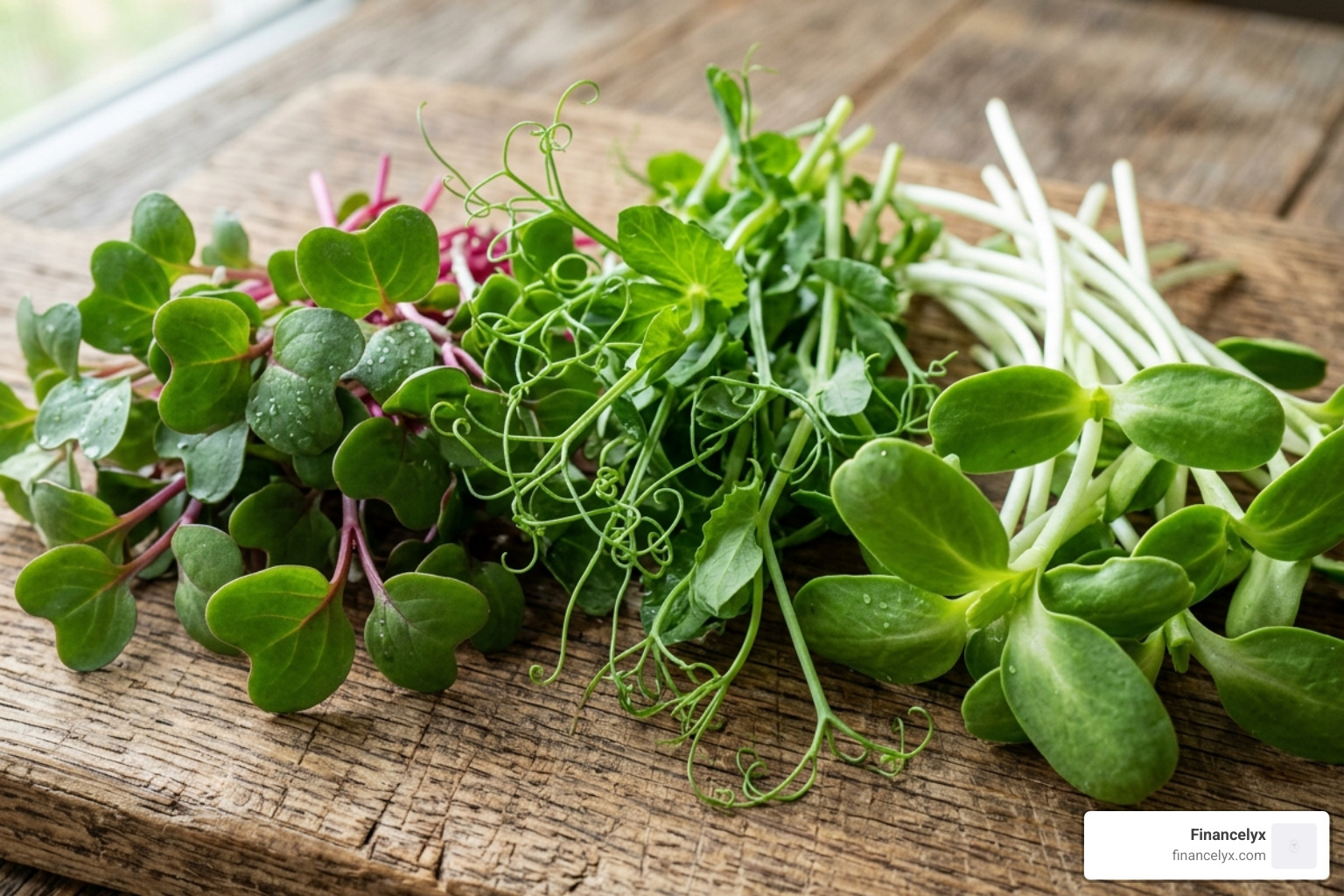 Assortment of microgreen textures including radish, pea shoots, and sunflower sprouts - healthy microgreen snack ideas