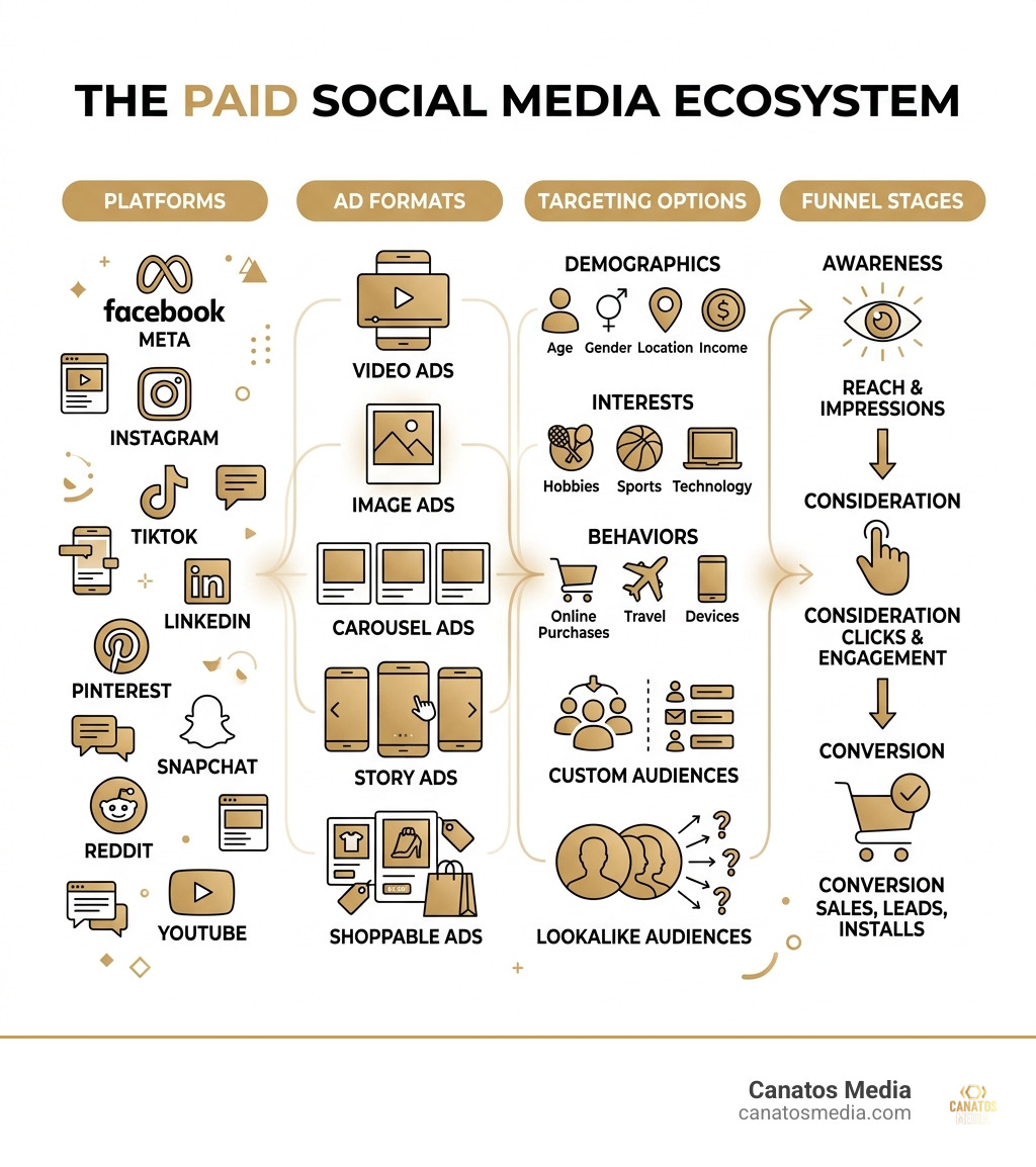 Infographic showing the paid social media ecosystem: platforms, ad formats, targeting, and funnel stages - paid social media