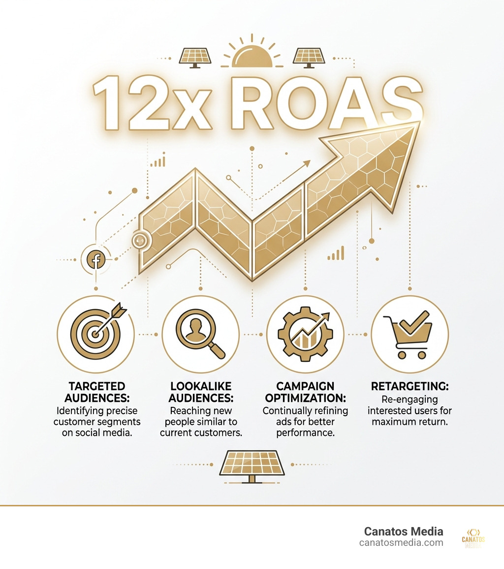 Infographic showing a 12x ROAS achievement for a solar company using paid social - paid social media advertising infographic 
