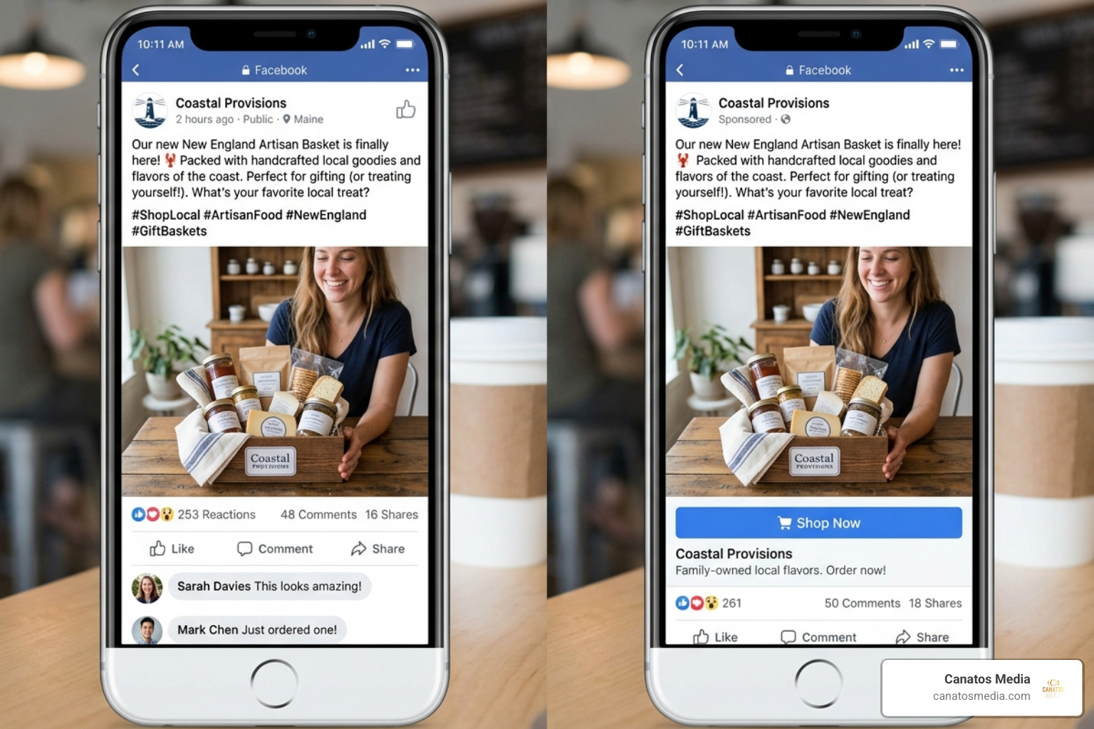 Comparing a standard organic post vs a sponsored ad with a call to action button - paid social media advertising