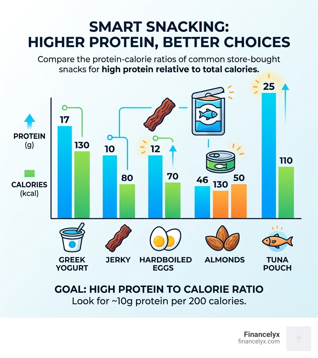 Comparison of protein-to-calorie ratios for common store-bought snacks - healthy high protein snack ideas infographic 