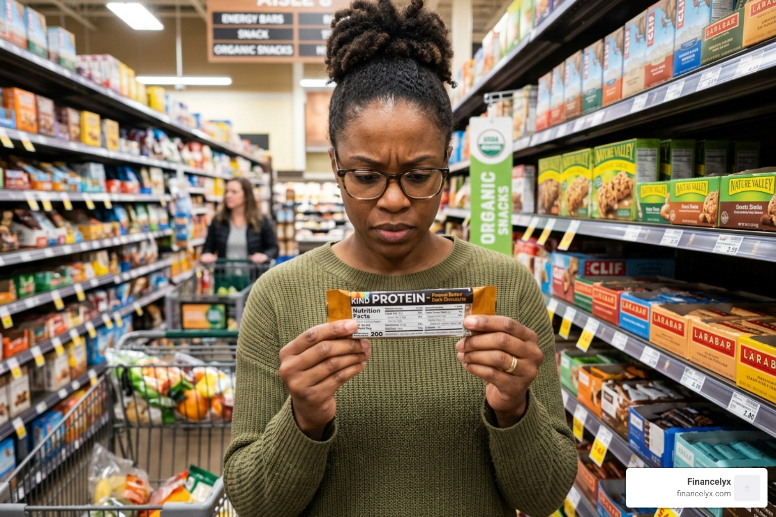 A person carefully reading the nutrition facts and ingredient label on a snack package - healthy high protein snack ideas