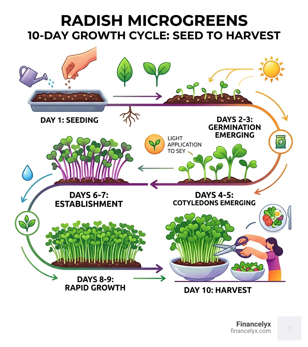 Radish microgreens 10-day growth cycle from seed to harvest infographic - radish microgreens fertilizer recipe infographic 