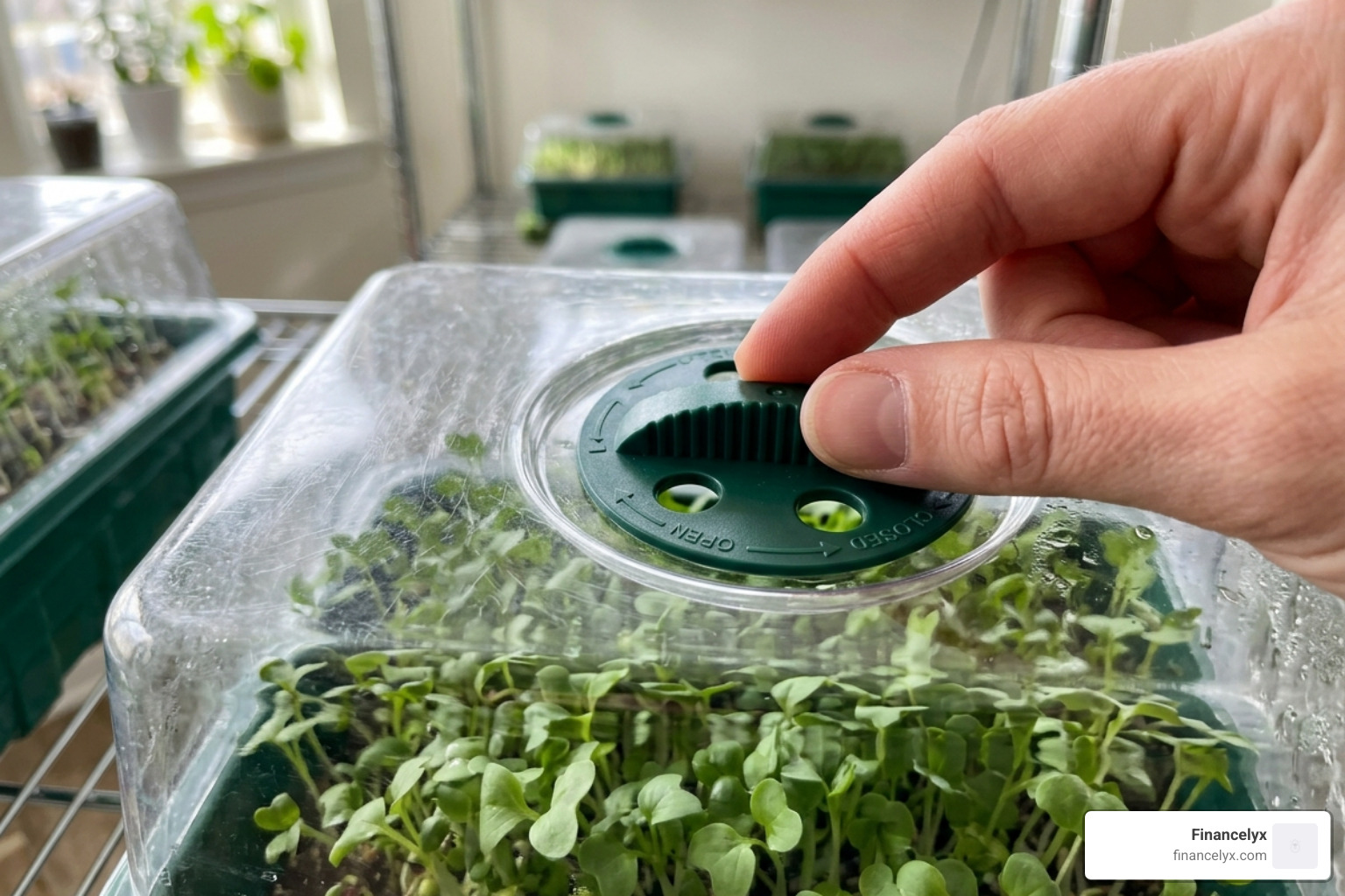 Close up of adjustable dome vents being opened for airflow - germinate microgreens humidity dome Close up of adjustable dome vents being opened for airflow - germinate microgreens humidity dome