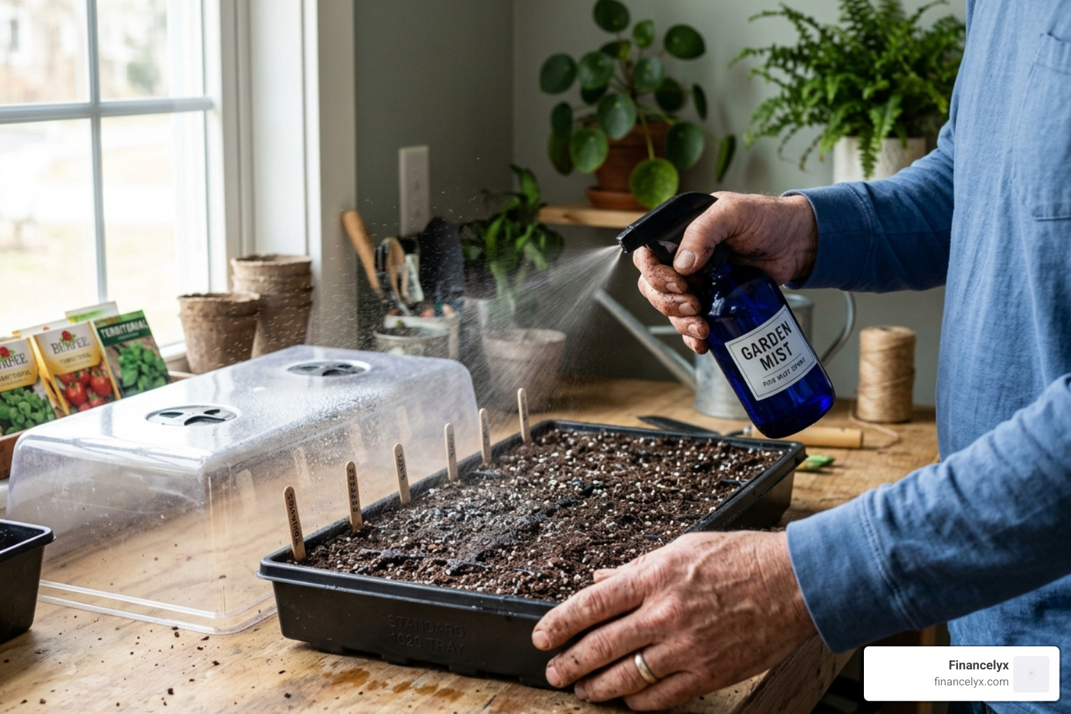 Gardener misting a 1020 tray before placing a humidity dome - germinate microgreens humidity dome Gardener misting a 1020 tray before placing a humidity dome - germinate microgreens humidity dome