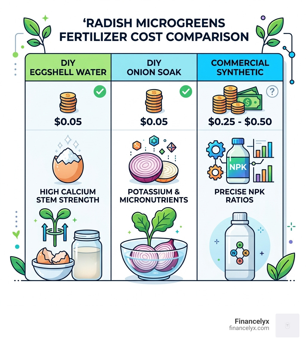 Table comparing DIY fertilizer costs vs commercial options - radish microgreens fertilizer recipe infographic 