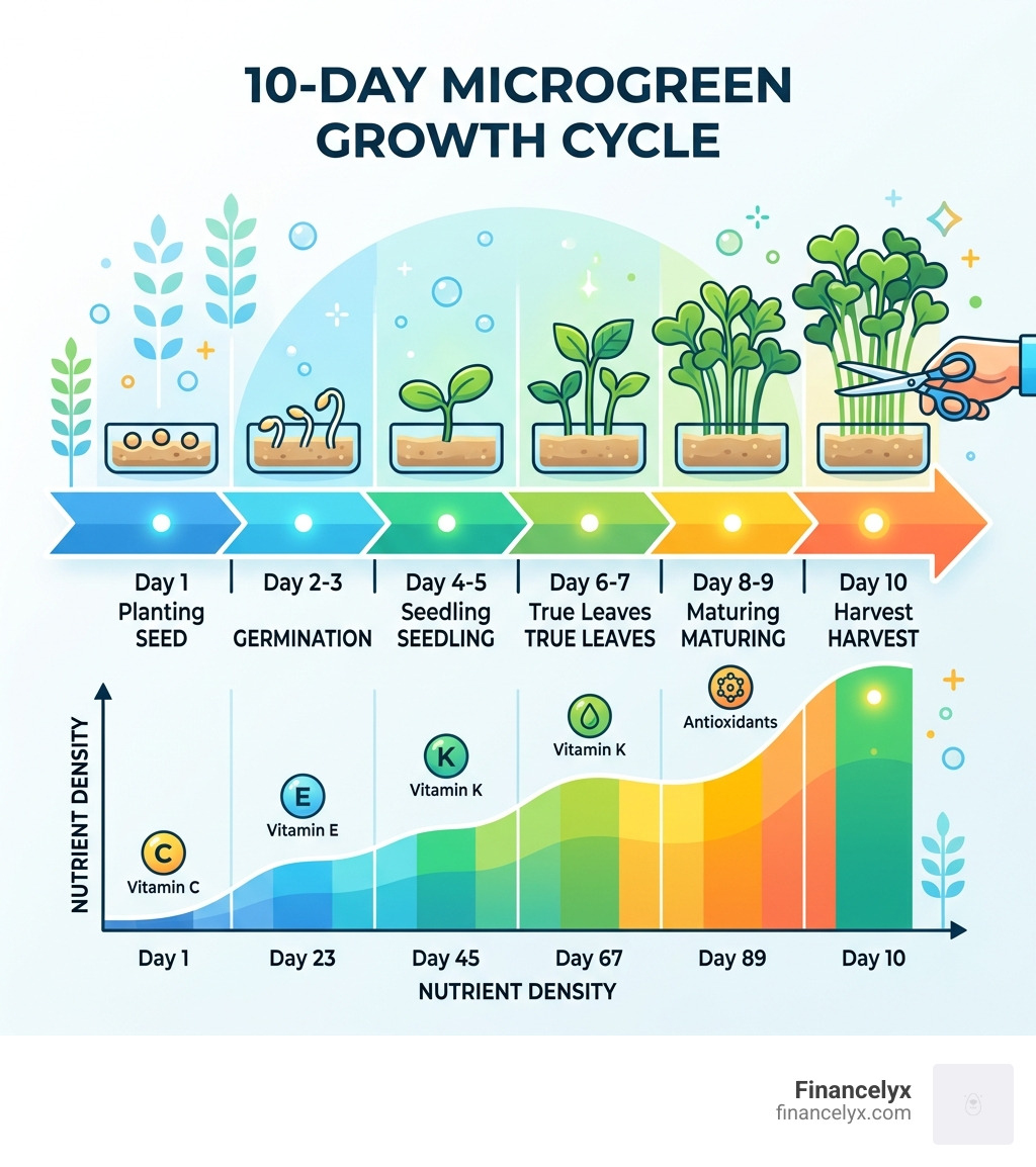10-day microgreen growth cycle from seed to harvest, showing stages and nutrient density - microgreens for salads