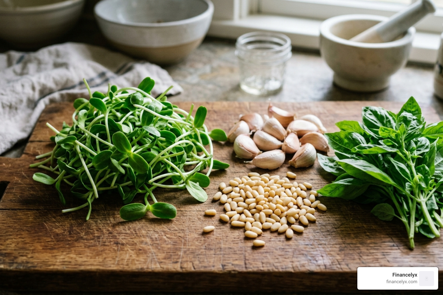 fresh ingredients including sunflower shoots and garlic for pesto - microgreen pesto recipe fresh ingredients including sunflower shoots and garlic for pesto - microgreen pesto recipe
