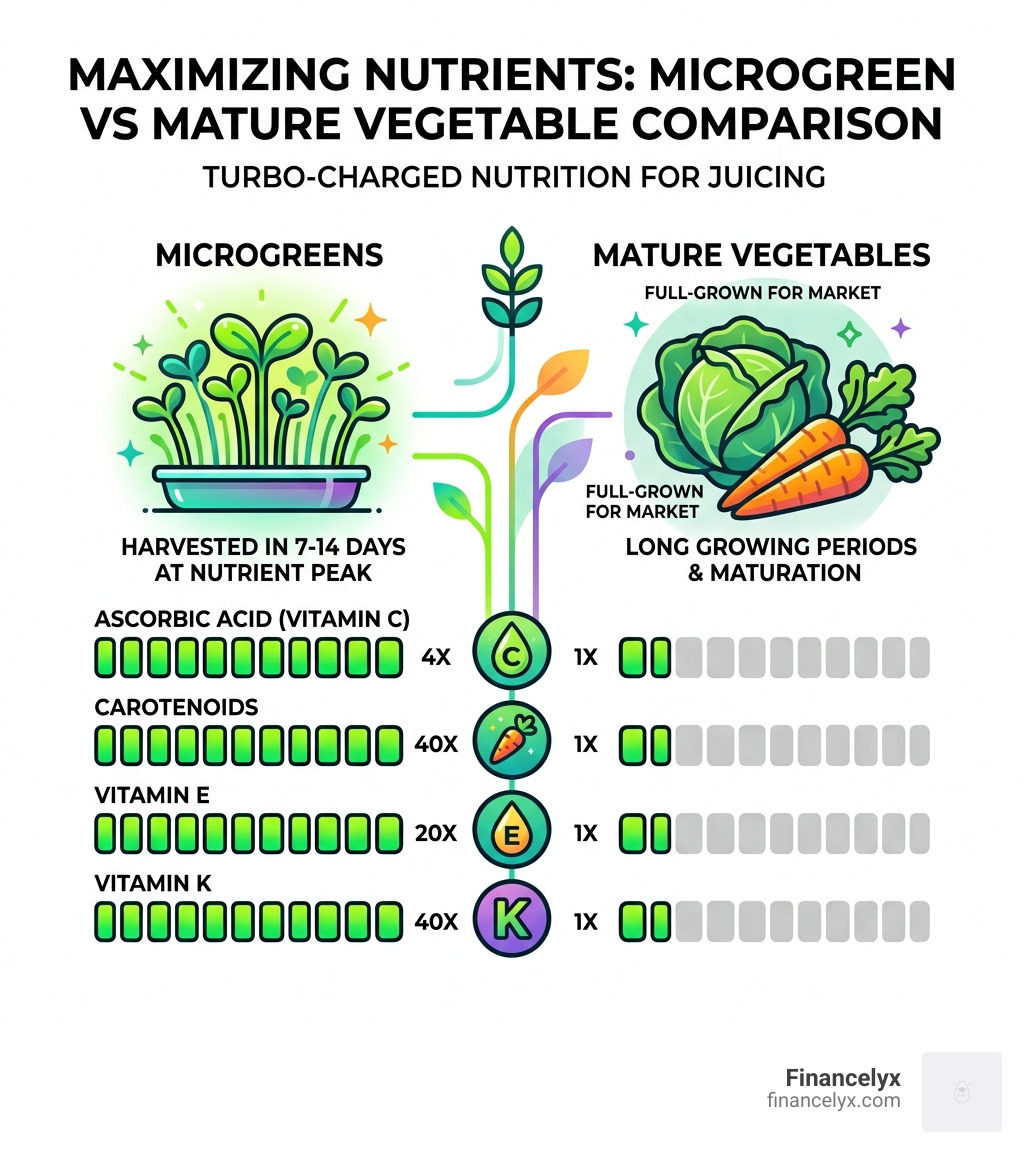 Table comparing microgreen vs mature vegetable nutrient levels - best microgreens for juicing infographic Table comparing microgreen vs mature vegetable nutrient levels - best microgreens for juicing infographic