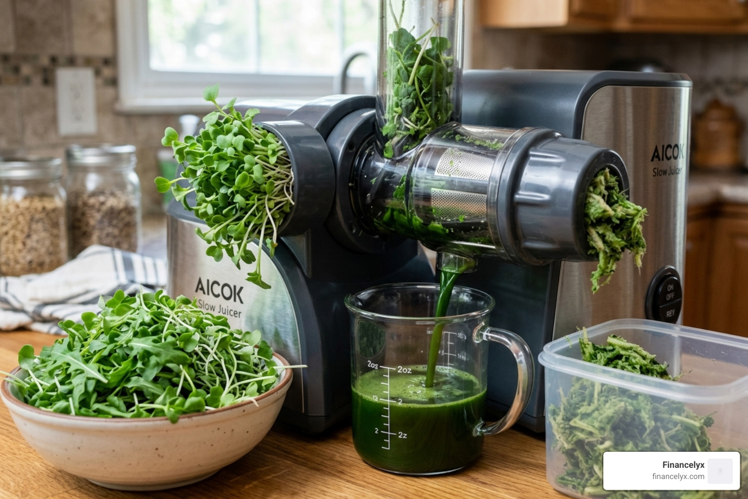 Masticating juicer processing a handful of fresh microgreens - best microgreens for juicing Masticating juicer processing a handful of fresh microgreens - best microgreens for juicing
