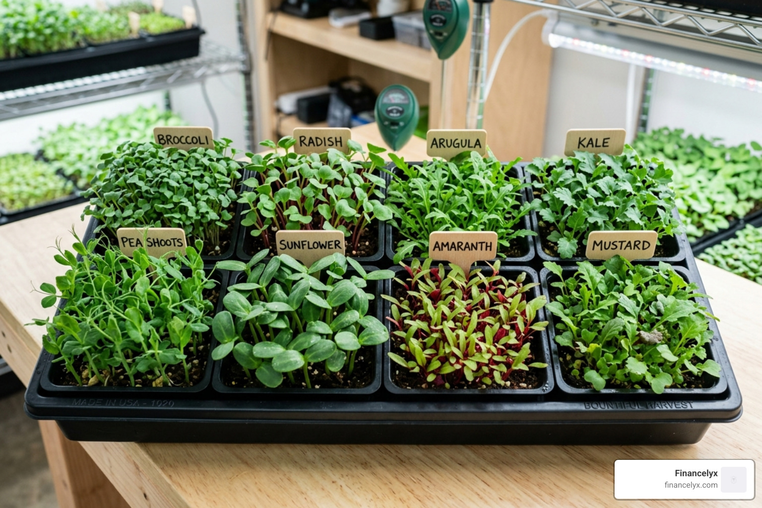 A variety of microgreen species growing in separate small colorful 5x5 trays - 5x5 microgreen trays
