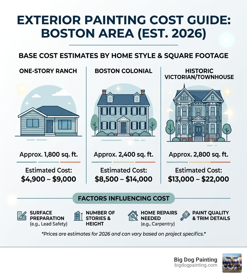 Infographic comparing exterior painting costs by home style and square footage in the Boston area - exterior house painting