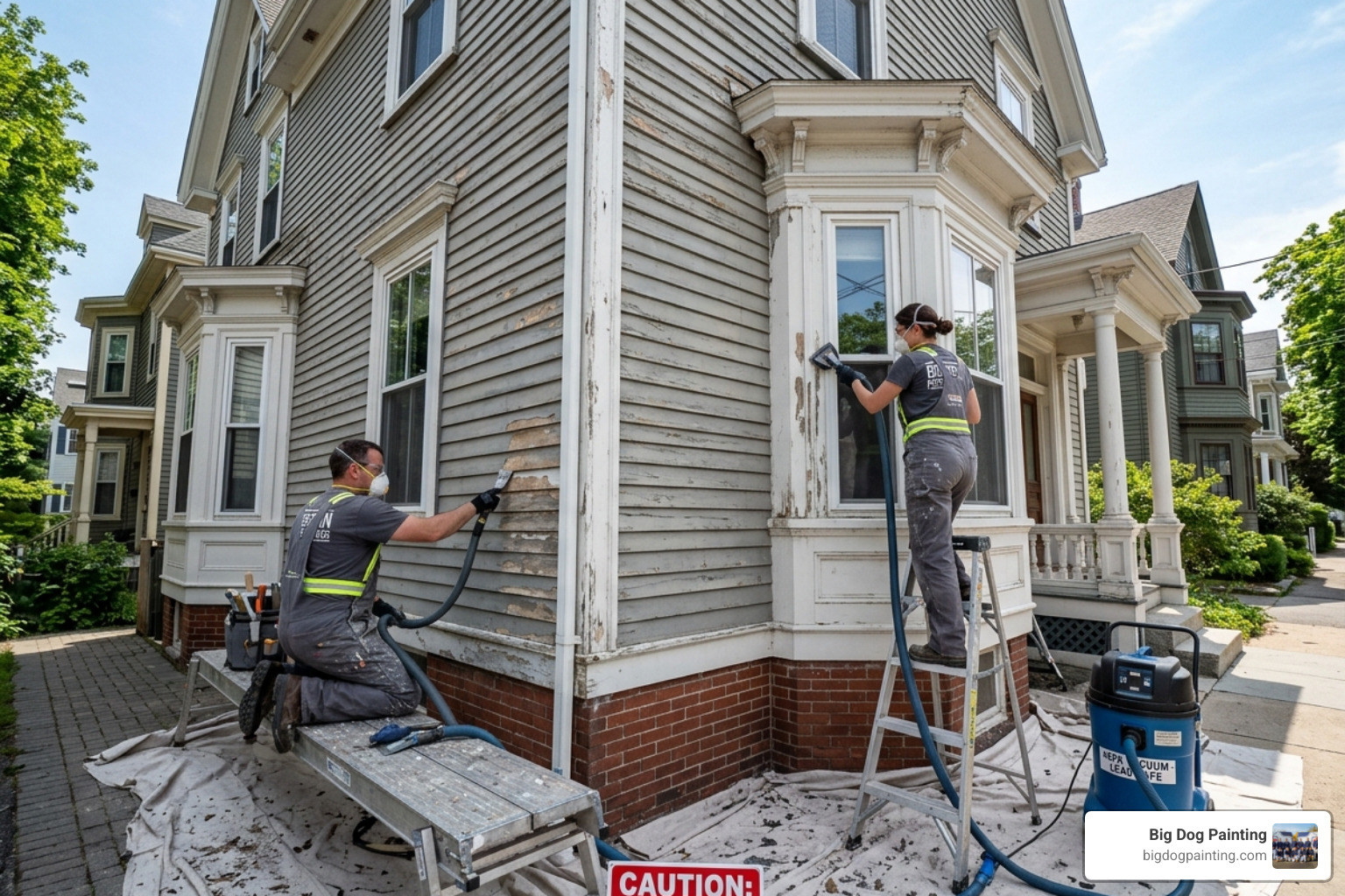 Professional painters performing lead-safe surface preparation on a historic Boston home - exterior house painting Boston