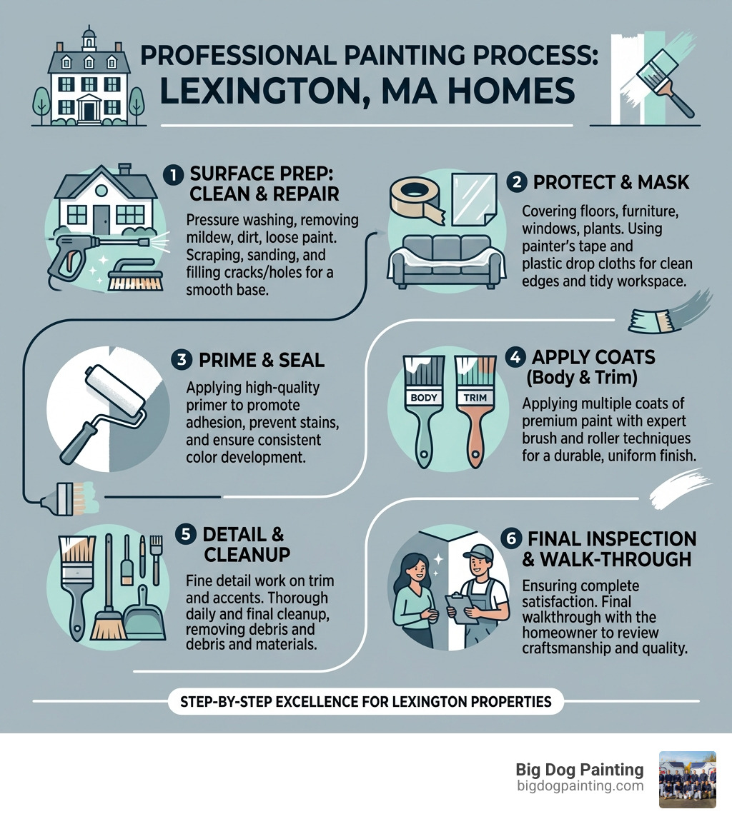 Infographic: professional painting process from surface prep to final coat for Lexington MA homes - house painters in