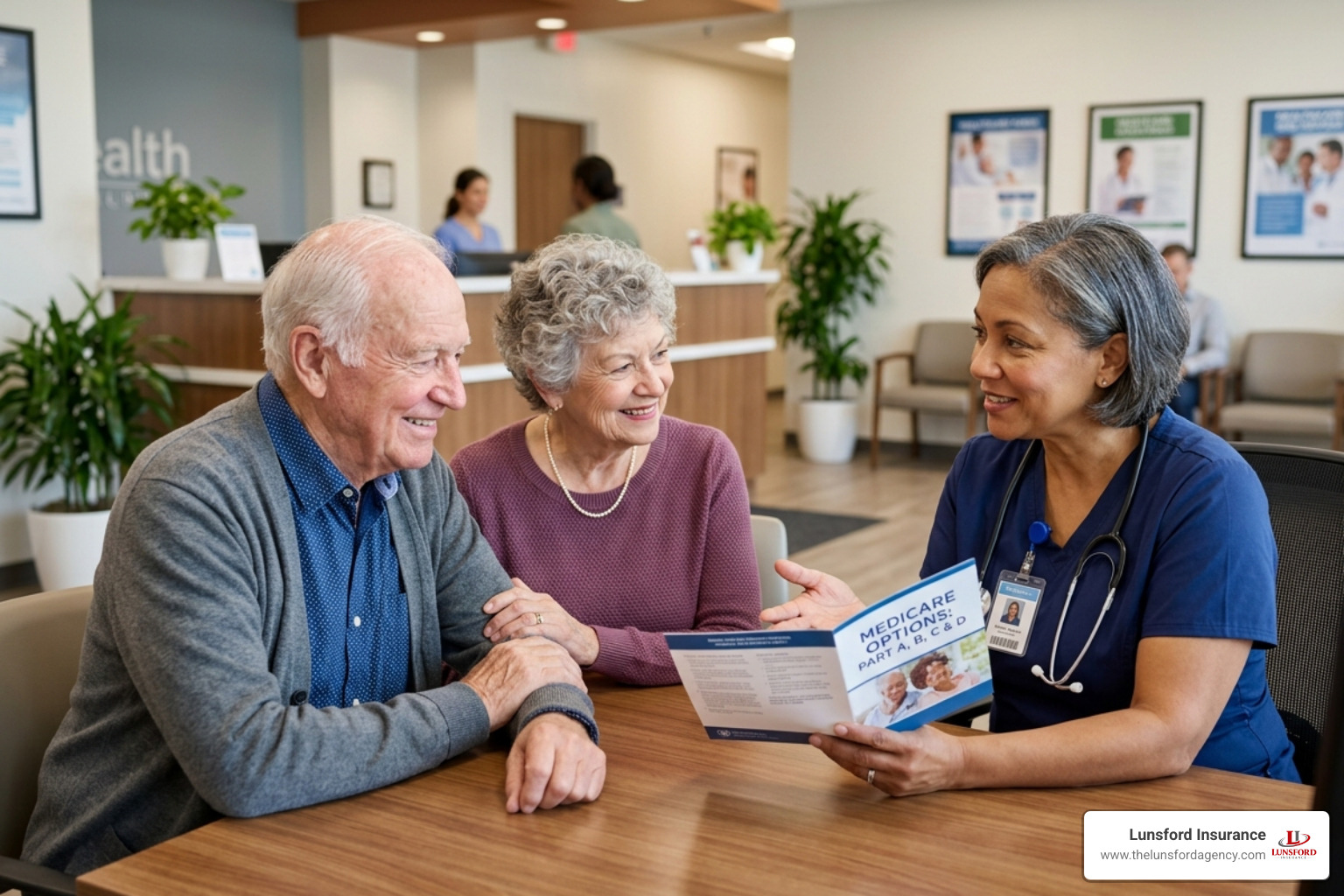 Medical professional explaining Medicare options to a senior couple - affordable medicare supplements