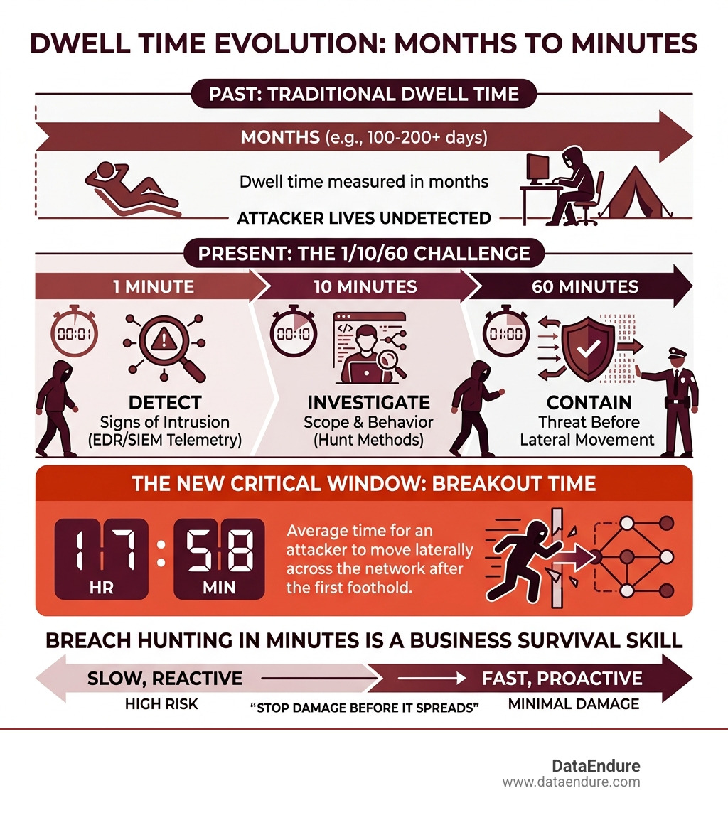 Dwell time evolution from months to minutes showing 1/10/60 challenge and breakout time timeline - breach hunting in minutes Dwell time evolution from months to minutes showing 1/10/60 challenge and breakout time timeline - breach hunting in minutes